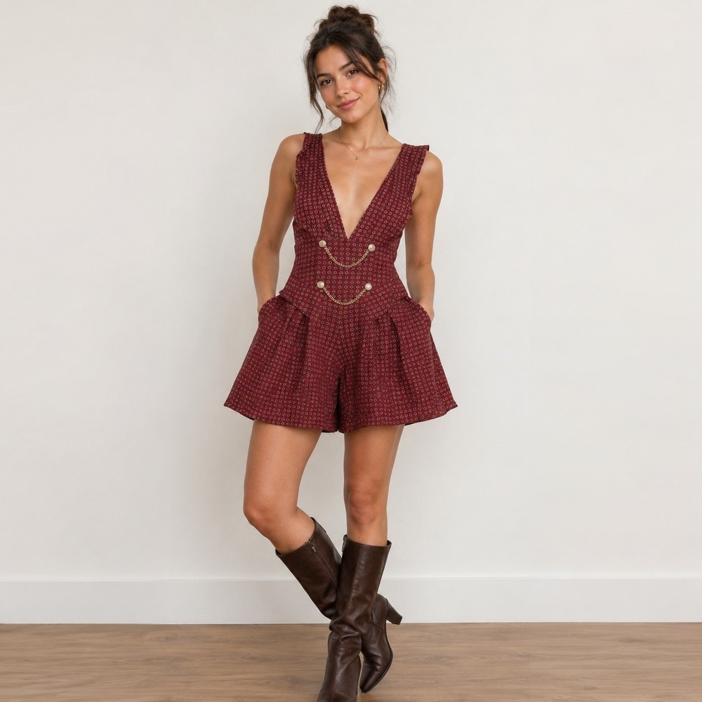 Vintage Burgundy Floral Suspender Romper Size 5 Button Front Prairie Shorts